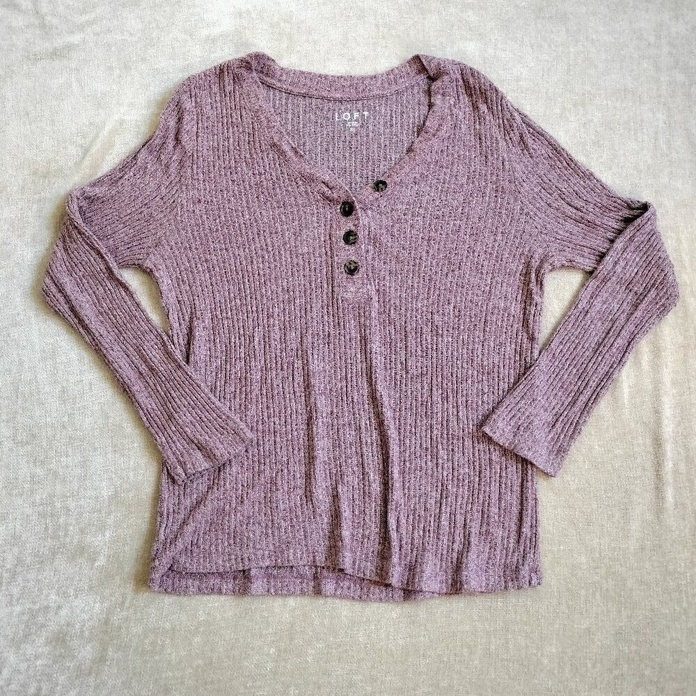Loft Purple White Long Sleeve V Neck Ribbed Henley Shirt Size XL